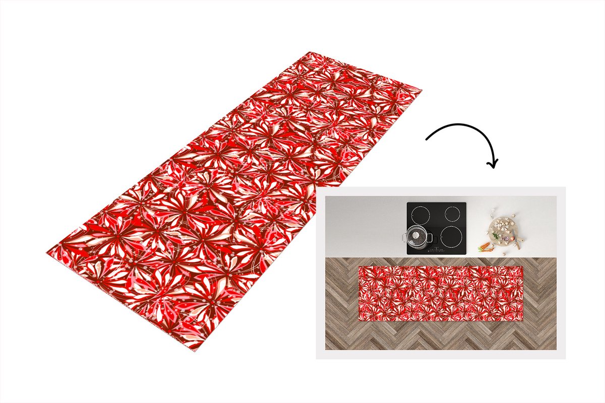KitchenYeah Keukenloper - Loper keuken - Bloesem - Rood - Patronen - Bloemen - 180x60 cm - Keukenloper vinyl Multicolor