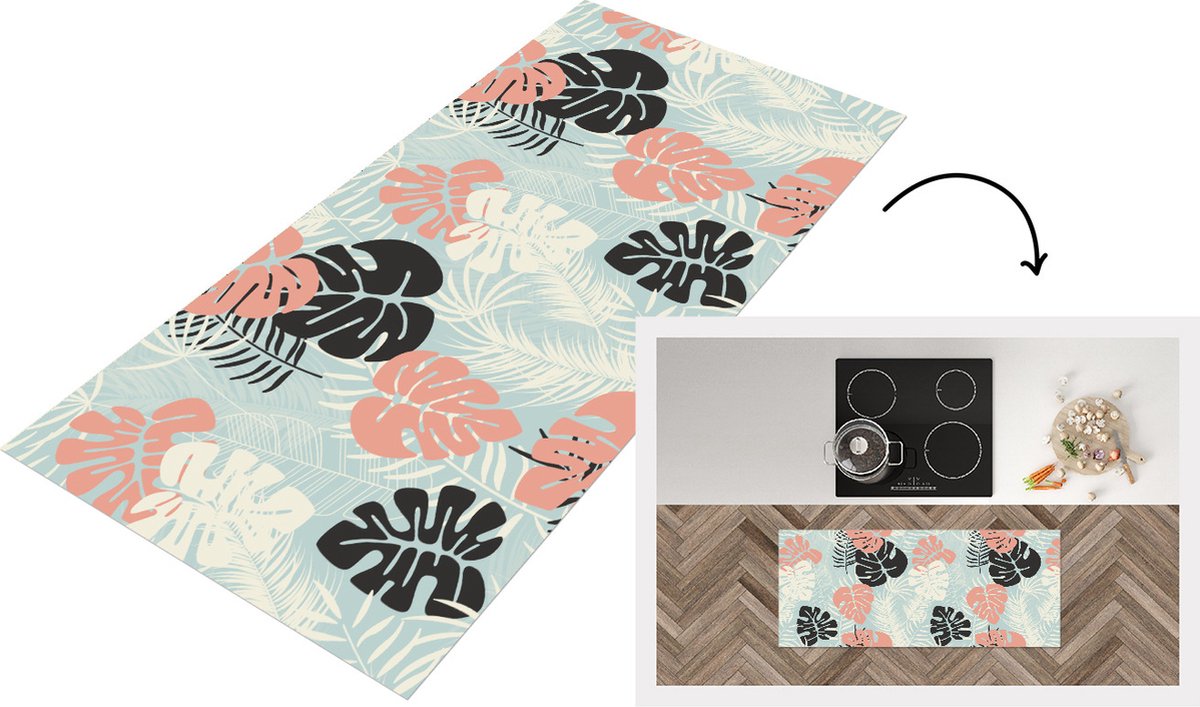 KitchenYeah Keukenloper - Loper keuken - Bladeren - Monstera - Pastel - Hawaii - Patronen - 120x50 cm - Keukenloper vinyl Multicolor