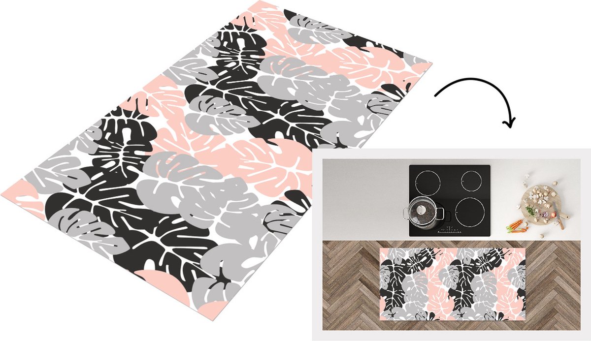 KitchenYeah Keukenloper - Loper keuken - Monstera - Pastel - Patronen - Bladeren - 120x60 cm - Keukenloper vinyl Multicolor