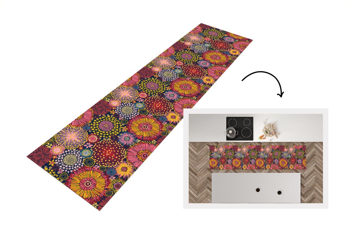 KitchenYeah Keukenloper - Loper keuken - Bloemen - Patroon - Lijn - 200x50 cm - Keukenloper vinyl Multicolor