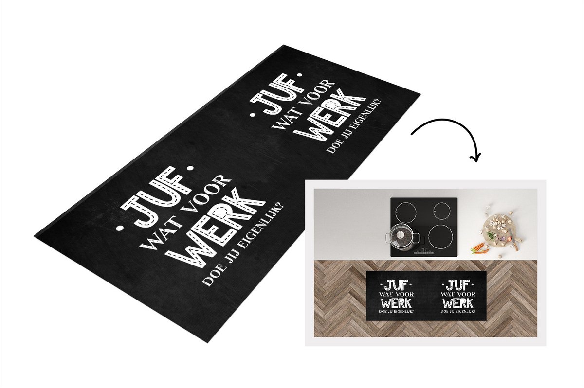 KitchenYeah Keukenloper - Loper keuken - Quote - Zwart - Wit - Juf bedankt - Juf wat voor werk doe jijlijk? - Spreuken - 120x50 cm - Keukenloper vinyl Multicolor