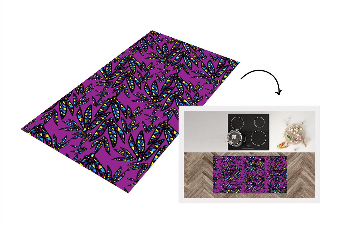 KitchenYeah Keukenloper - Loper keuken - Veren - Patroon - Pluimen - Paars - 120x60 cm - Keukenloper vinyl Multicolor