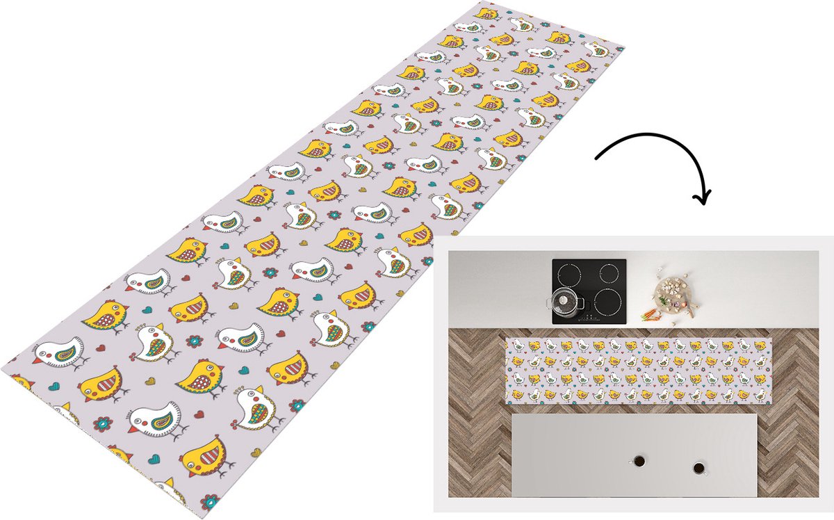 KitchenYeah Keukenloper - Loper keuken - Patroon - Vogel - Kip - 240x60 cm - Keukenloper vinyl Multicolor