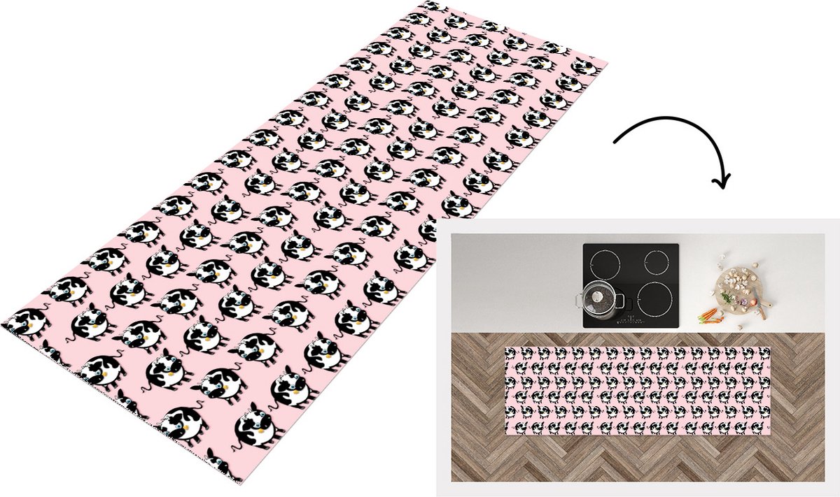 KitchenYeah Keukenloper - Loper keuken - Koe - Roze - Patronen - 180x60 cm - Keukenloper vinyl Multicolor