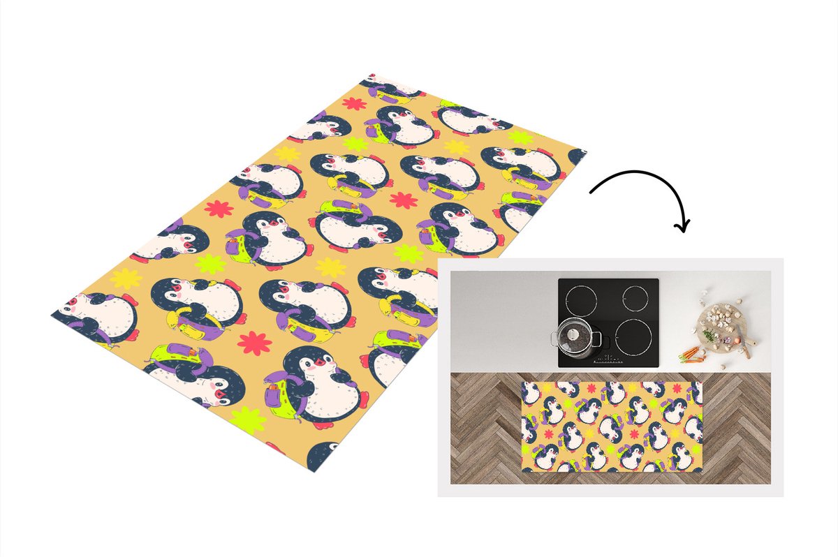 KitchenYeah Keukenloper - Loper keuken - Rugzak - Pinguïn - Patronen - 120x60 cm - Keukenloper vinyl Multicolor