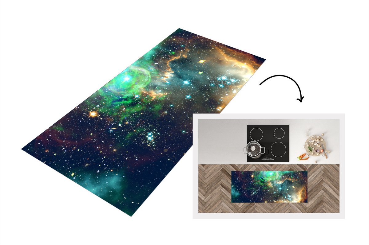 KitchenYeah Keukenloper - Loper keuken - Ruimte - Sterren - Licht - 120x50 cm - Keukenloper vinyl Multicolor
