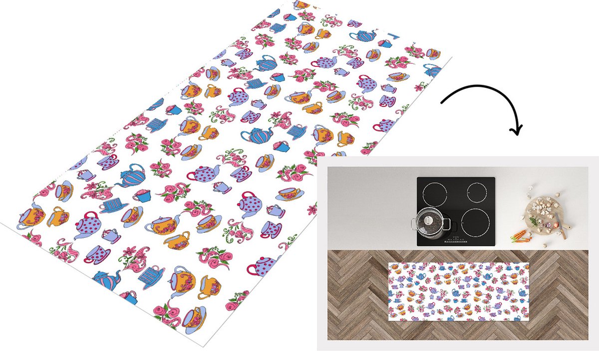 KitchenYeah Keukenloper - Loper keuken - Patronen - Thee - Rozen - Theepot - 120x50 cm - Keukenloper vinyl Multicolor