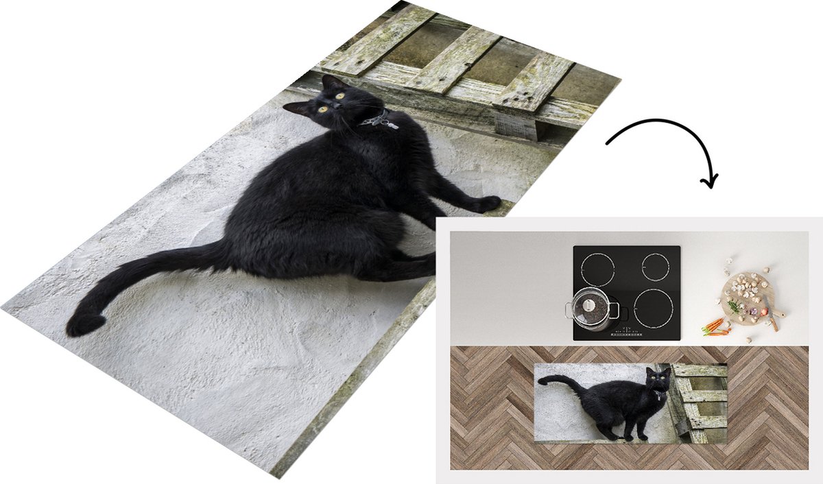 KitchenYeah Keukenloper - Loper keuken - Kat - Zwart - Pallet - 120x50 cm - Keukenloper vinyl Multicolor