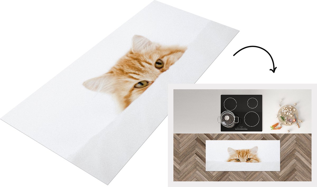 KitchenYeah Keukenloper - Loper keuken - Kat - Rood - Wit - Keukenloper vinyl Multicolor