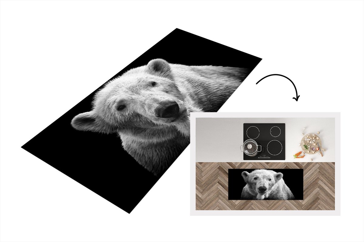 KitchenYeah Keukenloper - Loper keuken - Portretfoto ijsbeer op zwarte achtergrond in zwart-wit - 120x50 cm - Keukenloper vinyl Zwart; Wit