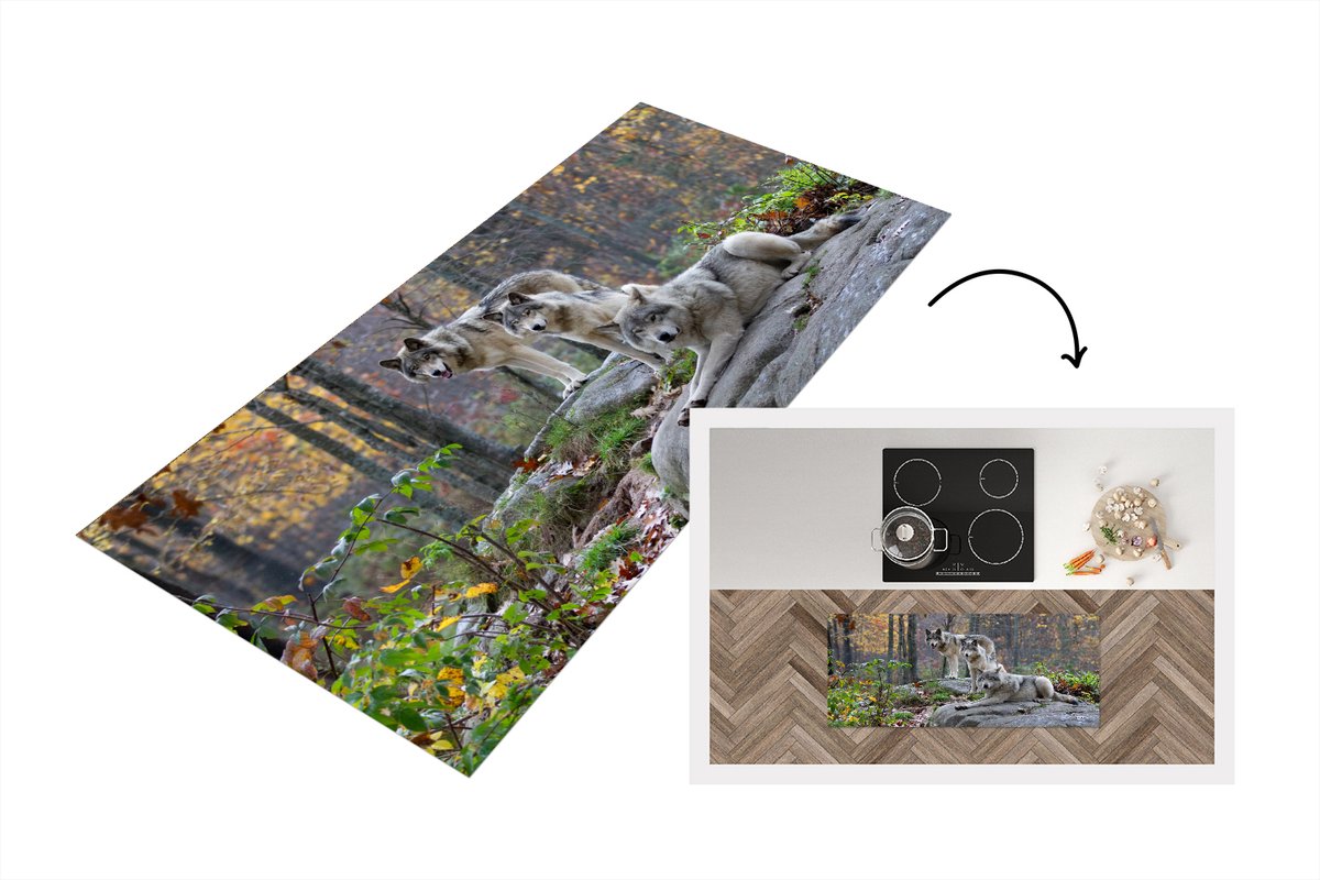 KitchenYeah Keukenloper - Loper keuken - Wolven - Rots - Bos - 120x50 cm - Keukenloper vinyl Multicolor