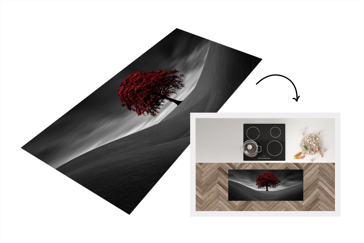 KitchenYeah Keukenloper - Loper keuken - Zwart-wit foto met een rode boom - 120x50 cm - Keukenloper vinyl Zwart; Wit