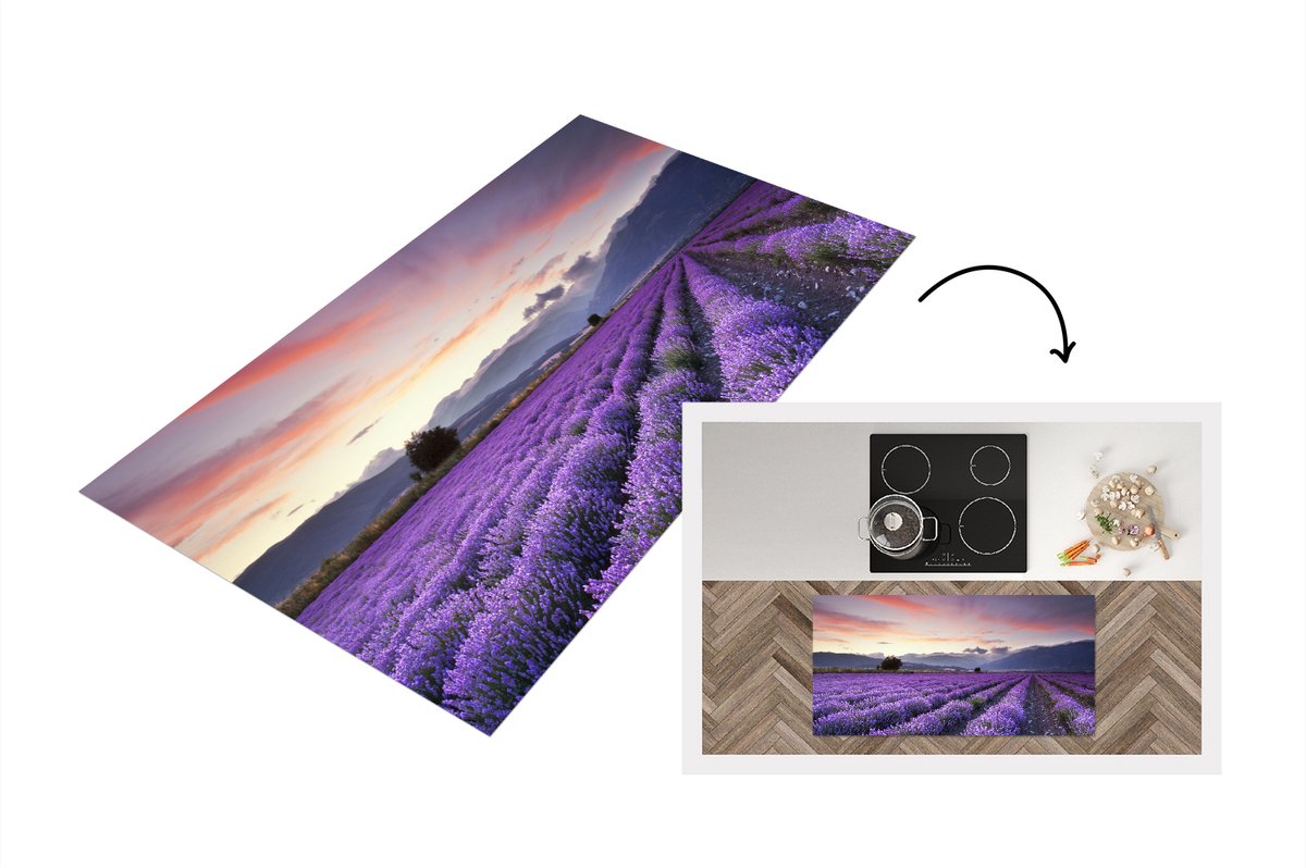 KitchenYeah Keukenloper - Loper keuken - Een lavendelveld bij zonsondergang - 120x60 cm - Keukenloper vinyl Multicolor