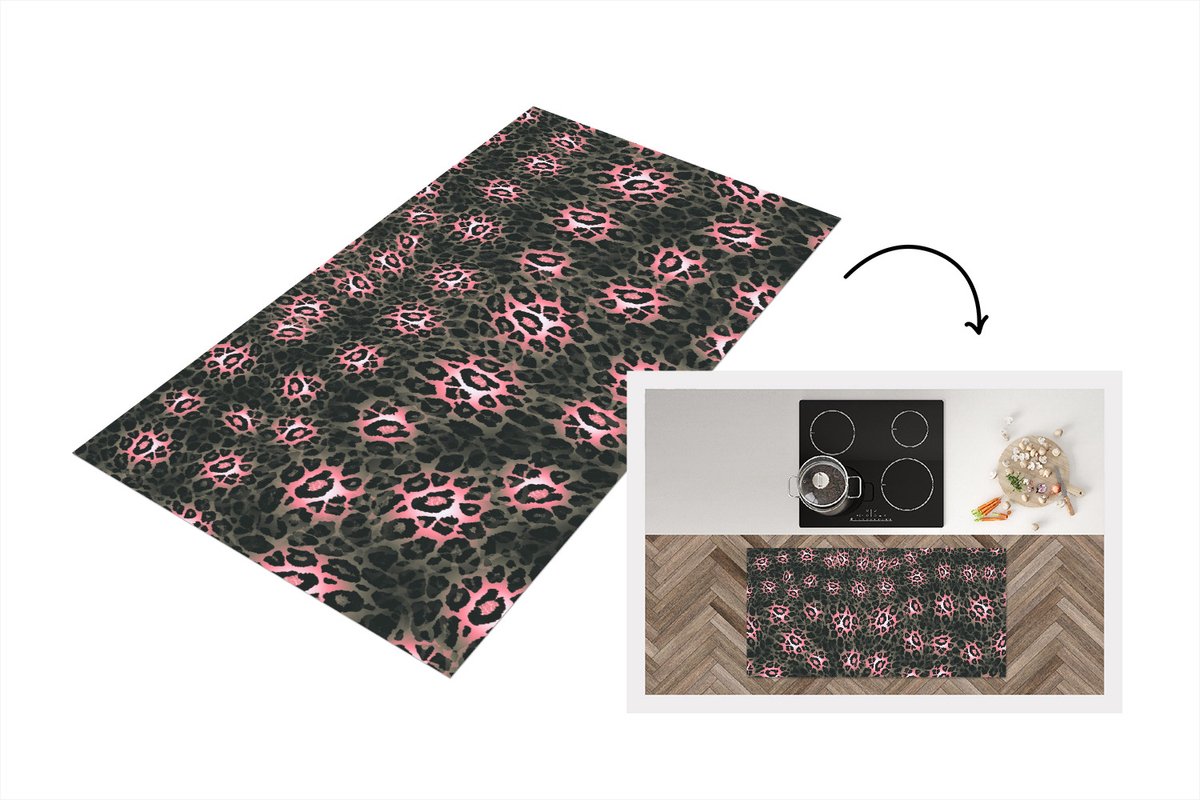 KitchenYeah Keukenloper - Loper keuken - Panterprint - Roze - Grijs - Patronen - 120x60 cm - Keukenloper vinyl Multicolor
