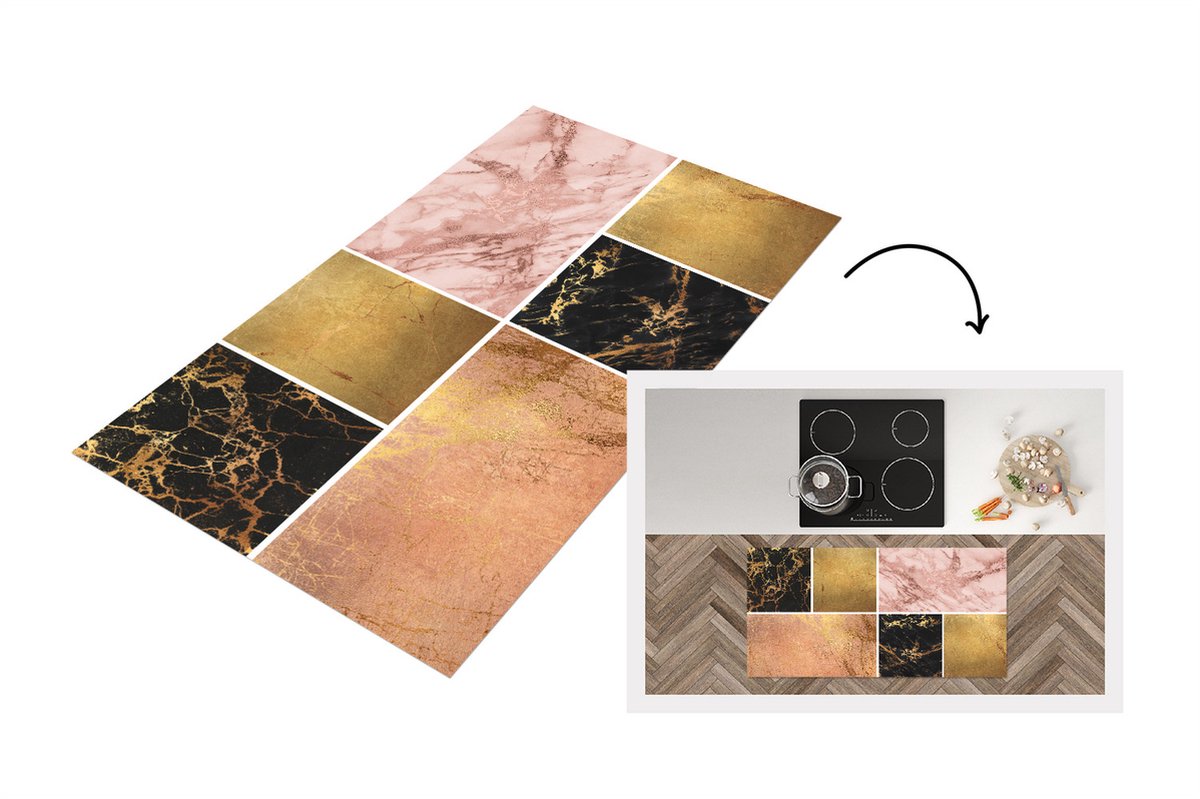KitchenYeah Keukenloper - Loper keuken - Marmer - Steen - Goud - 120x60 cm - Keukenloper vinyl Multicolor