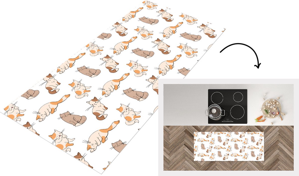 KitchenYeah Keukenloper - Loper keuken - Patroon - Kat - Kitten - 120x50 cm - Keukenloper vinyl Multicolor