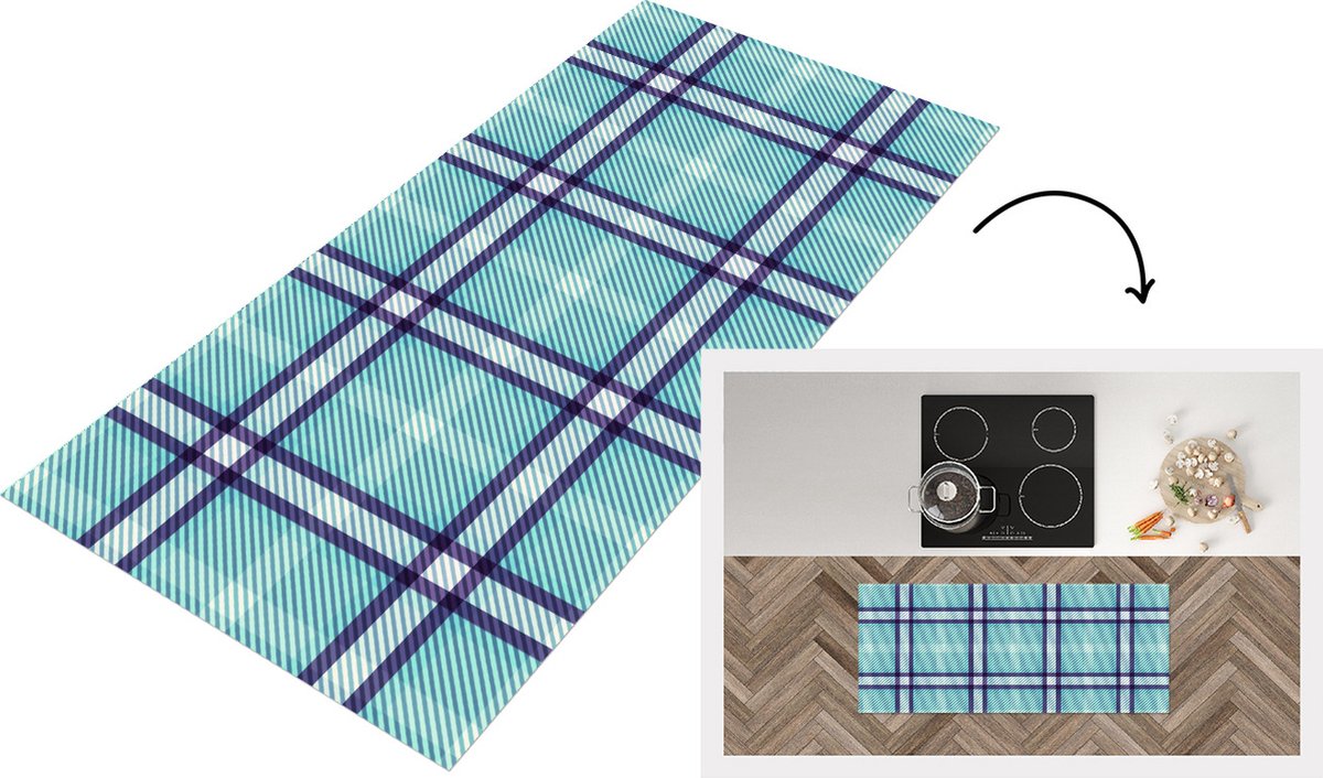 KitchenYeah Keukenloper - Loper keuken - Plaid - Blauw - Patronen - Schotse ruit - 120x50 cm - Keukenloper vinyl Multicolor