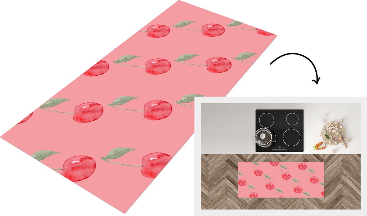 KitchenYeah Keukenloper - Loper keuken - Kers - Roze - Waterverf - Keukenloper vinyl Multicolor