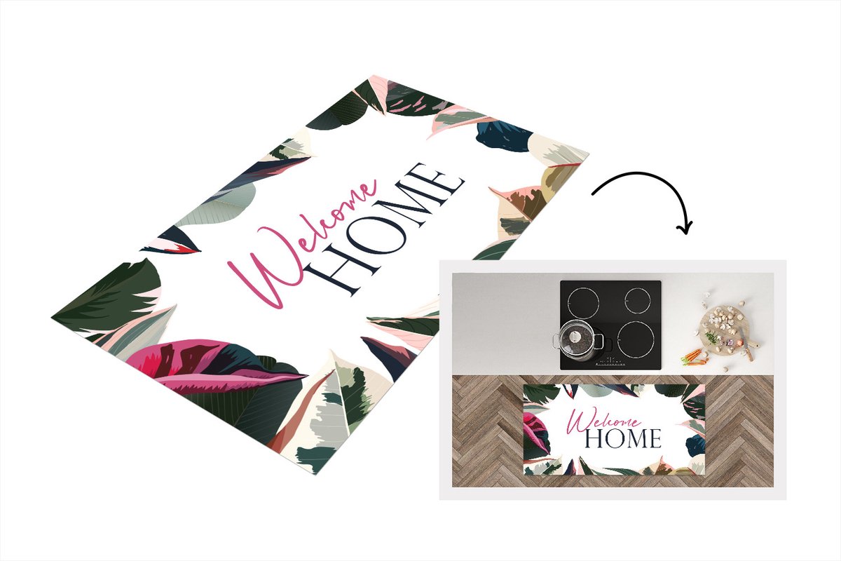 KitchenYeah Keukenloper - Loper keuken - Welkom Thuis - Bloemen - Roze - 120x60 cm - Keukenloper vinyl Multicolor