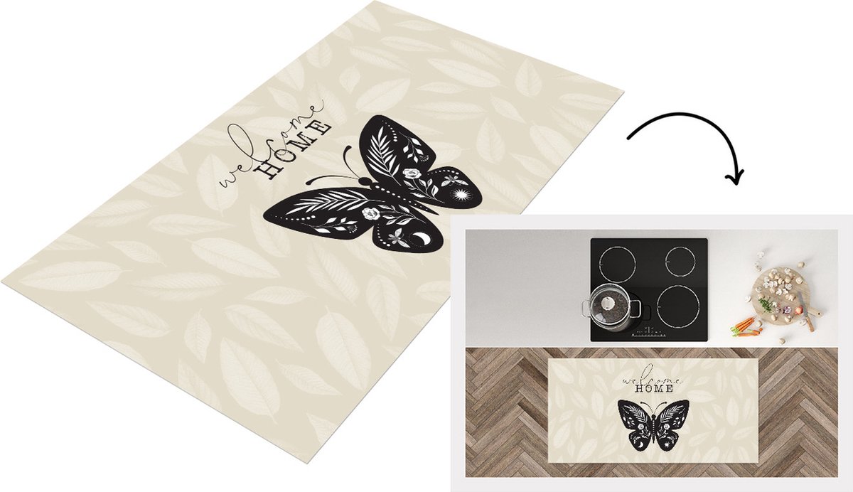 KitchenYeah Keukenloper - Loper keuken - Welkom Thuis - Vlinder - Bloemen - 120x60 cm - Keukenloper vinyl Multicolor