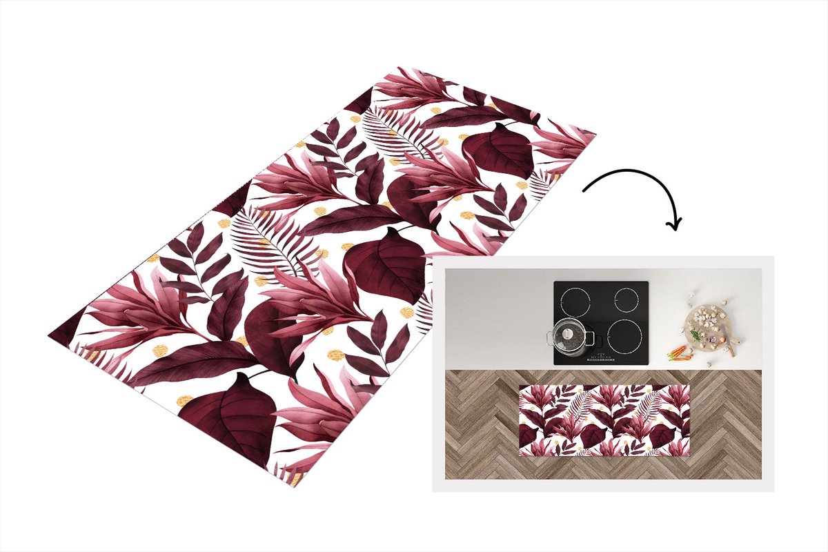 KitchenYeah Keukenloper - Loper keuken - Bladeren - Paars - Goud - Keukenloper vinyl Multicolor