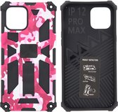 Hoesje Geschikt voor iPhone 12 Pro Max Hoesje - Rugged Extreme Backcover Camouflage met Kickstand - Pink