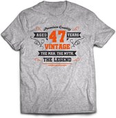 47 Jaar Legend - Feest kado T-Shirt Heren / Dames - Antraciet Grijs / Oranje - Perfect Verjaardag Cadeau Shirt - grappige Spreuken, Zinnen en Teksten. Maat M