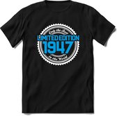 1947 Limited Edition | Feest Kado T-Shirt Heren - Dames | Wit - Blauw | Perfect Verjaardag Cadeau Shirt | Grappige Spreuken - Zinnen - Teksten | Maat 3XL