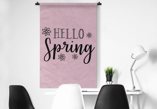 Tenture murale - Toile murale - Citation « Bonjour le printemps » avec fleurs roses - 90x135 cm - Tapisserie murale