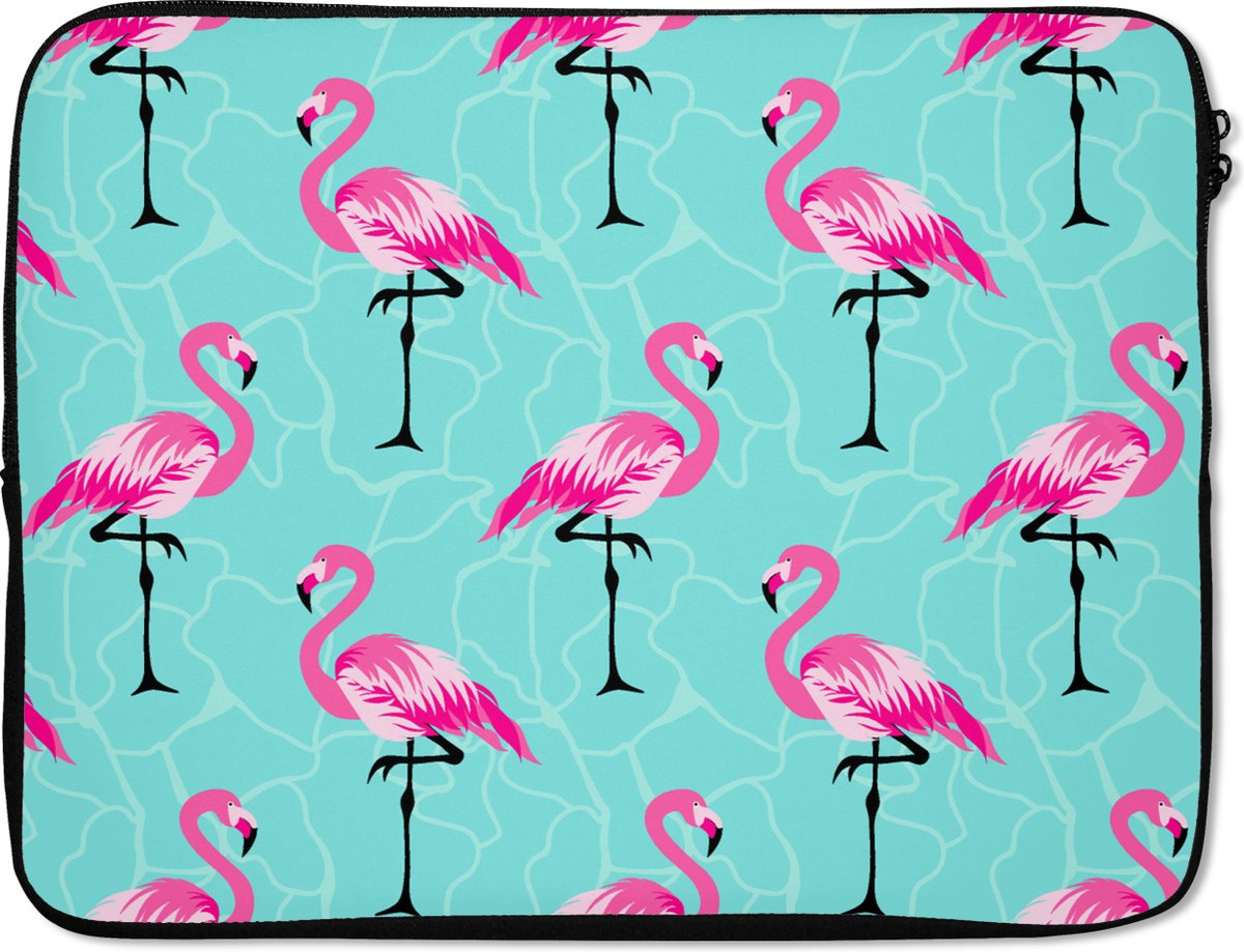 Laptophoes 17 inch - Flamingo - Roze - Patroon - Laptop sleeve - Binnenmaat 41x28 cm - Zwarte achterkant