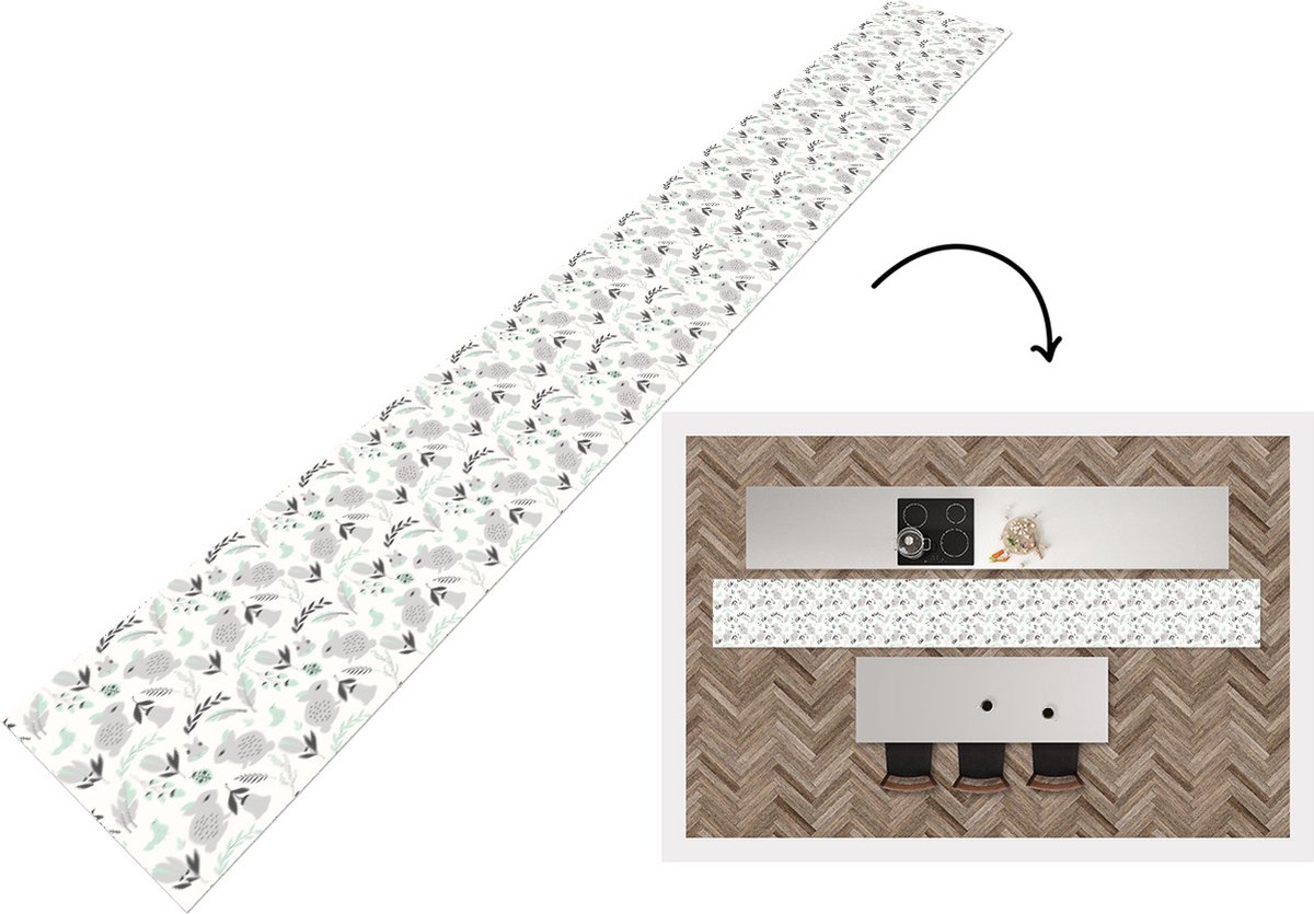 KitchenYeah Keukenloper - Keukenmat - Konijnen - Patronen - Lente - 400x50 cm - Keuken vloerkleed Multicolor