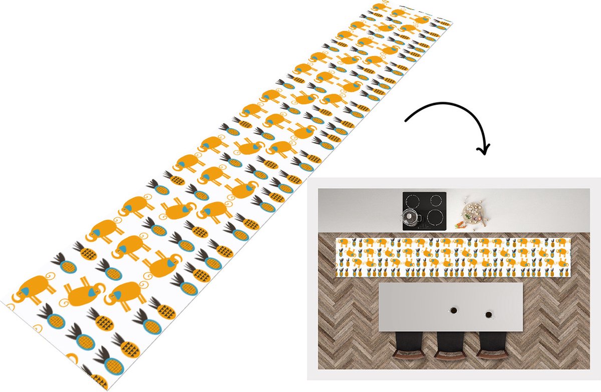 KitchenYeah Keukenloper - Keukenmat - Olifant - Ananas - Geel - Patroon - Keuken vloerkleed Multicolor