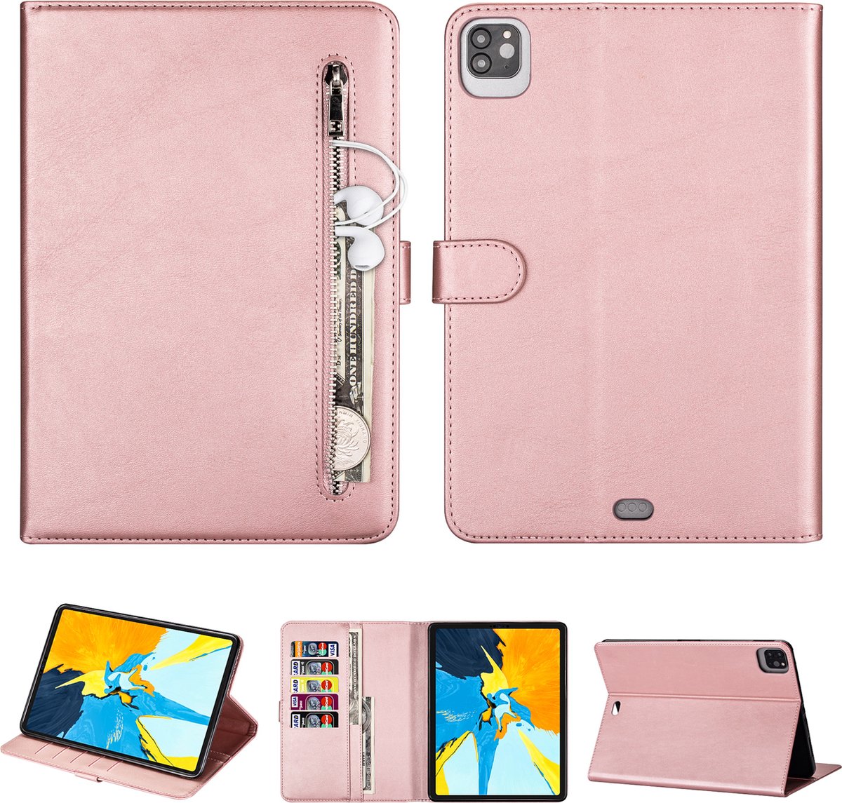 Apple iPad Pro 12.9 (2021) Hoes | Leren iPad Book Case | iPad Hoesje | Pasjes | Roze