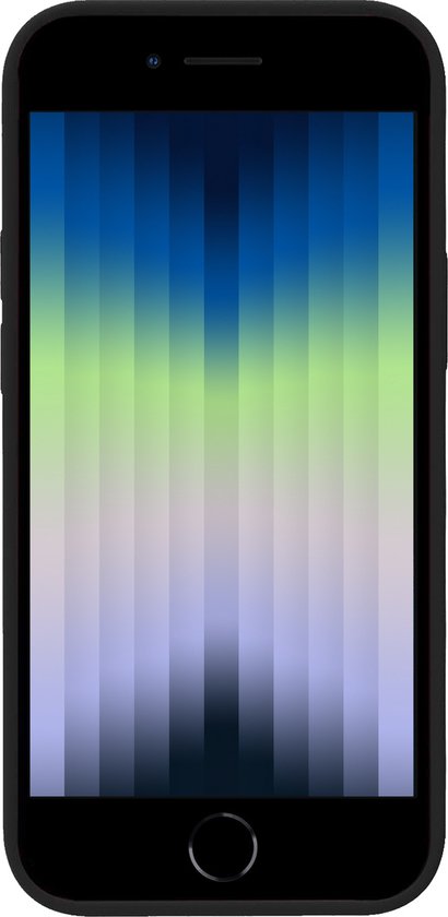 Zwarte telefoonhoes met een scherm met verticale strepen in blauw, groen en paars.