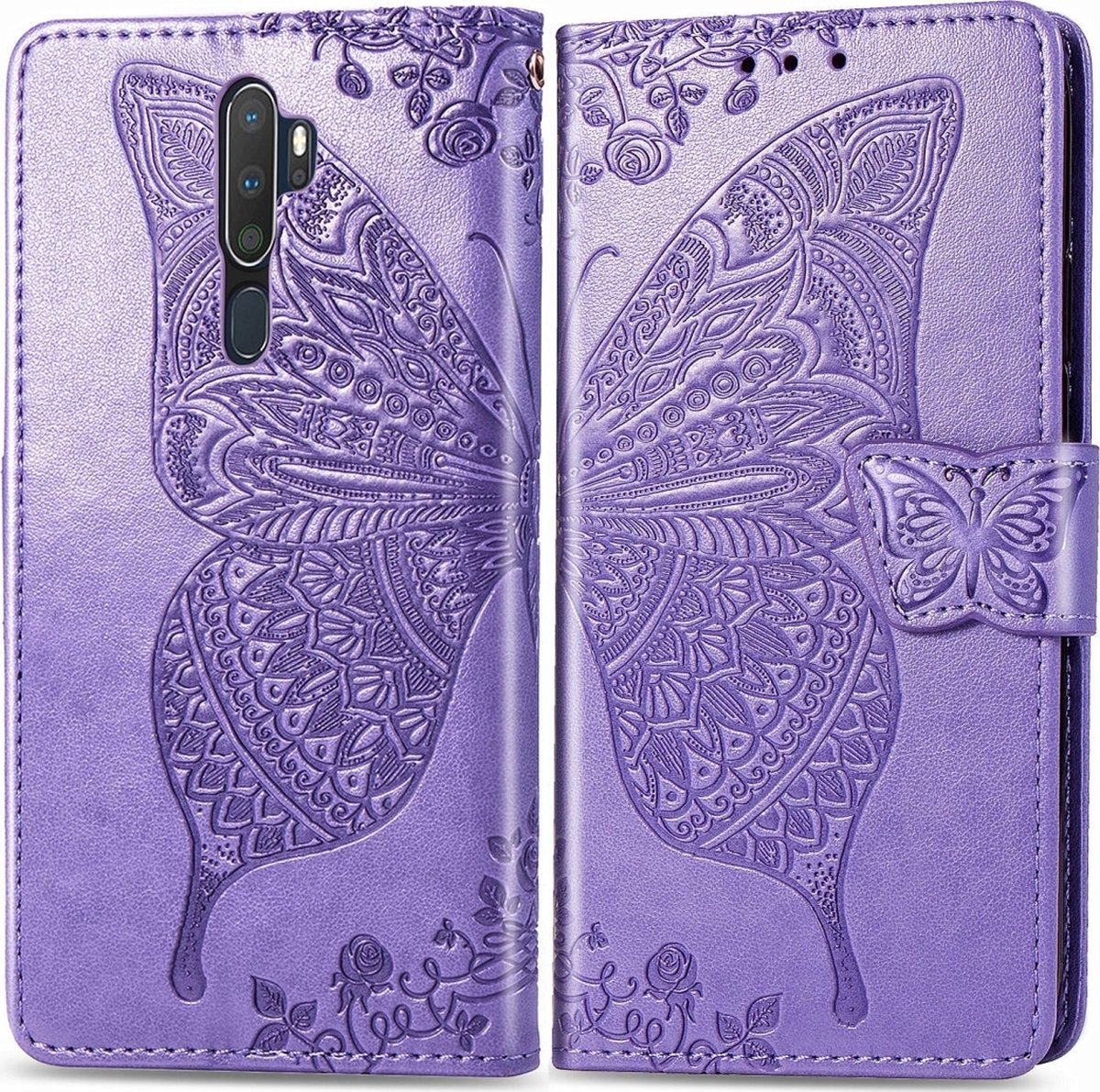 Mobigear Telefoonhoesje geschikt voor OPPO A9 (2020) Hoesje | Mobigear Butterfly Bookcase Portemonnee | Pasjeshouder voor 3 Pasjes | Telefoonhoesje voor Pinpas / OV Kaart / Rijbewijs - Paars