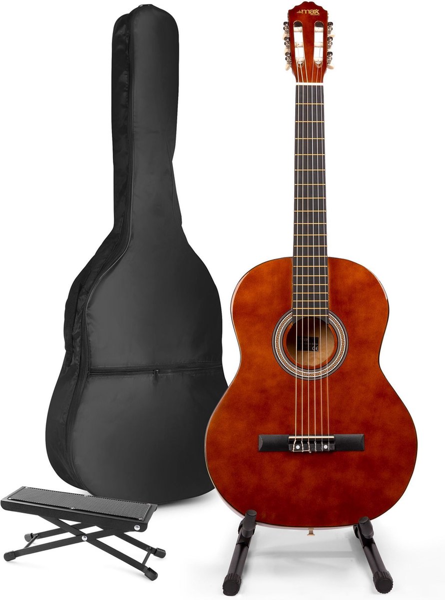 Akoestische gitaar voor beginners - MAX SoloArt klassieke gitaar / Spaanse gitaar met o.a. 39'' gitaar, gitaar standaard, voetsteun, gitaartas, gitaar stemapparaat en extra accessoires - Bruin (hout)