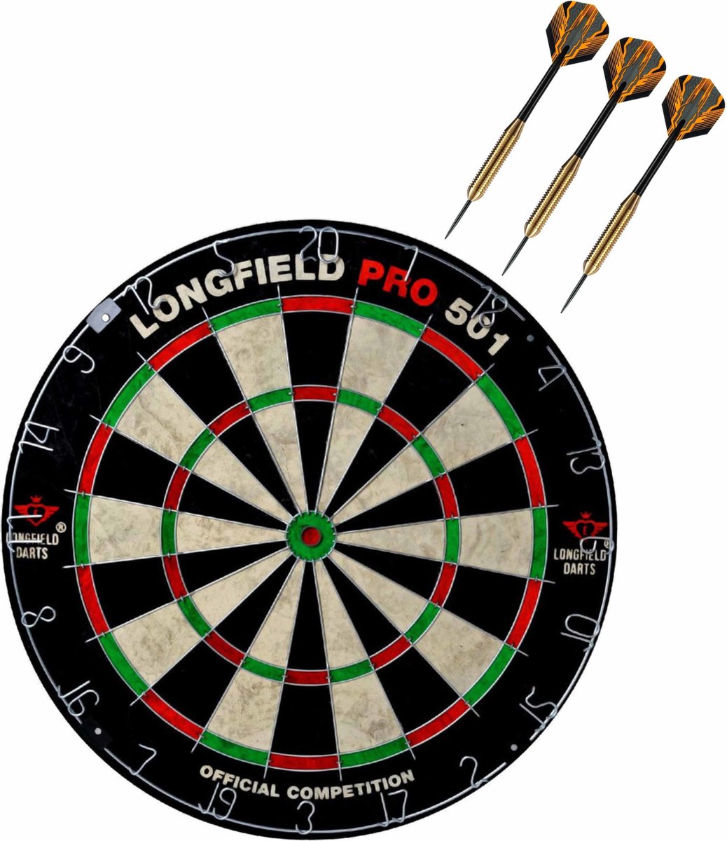 Dartbord set compleet van diameter 45.5 cm met 3x Club Brass dartpijlen van 24 gram - Professioneel darten pakket