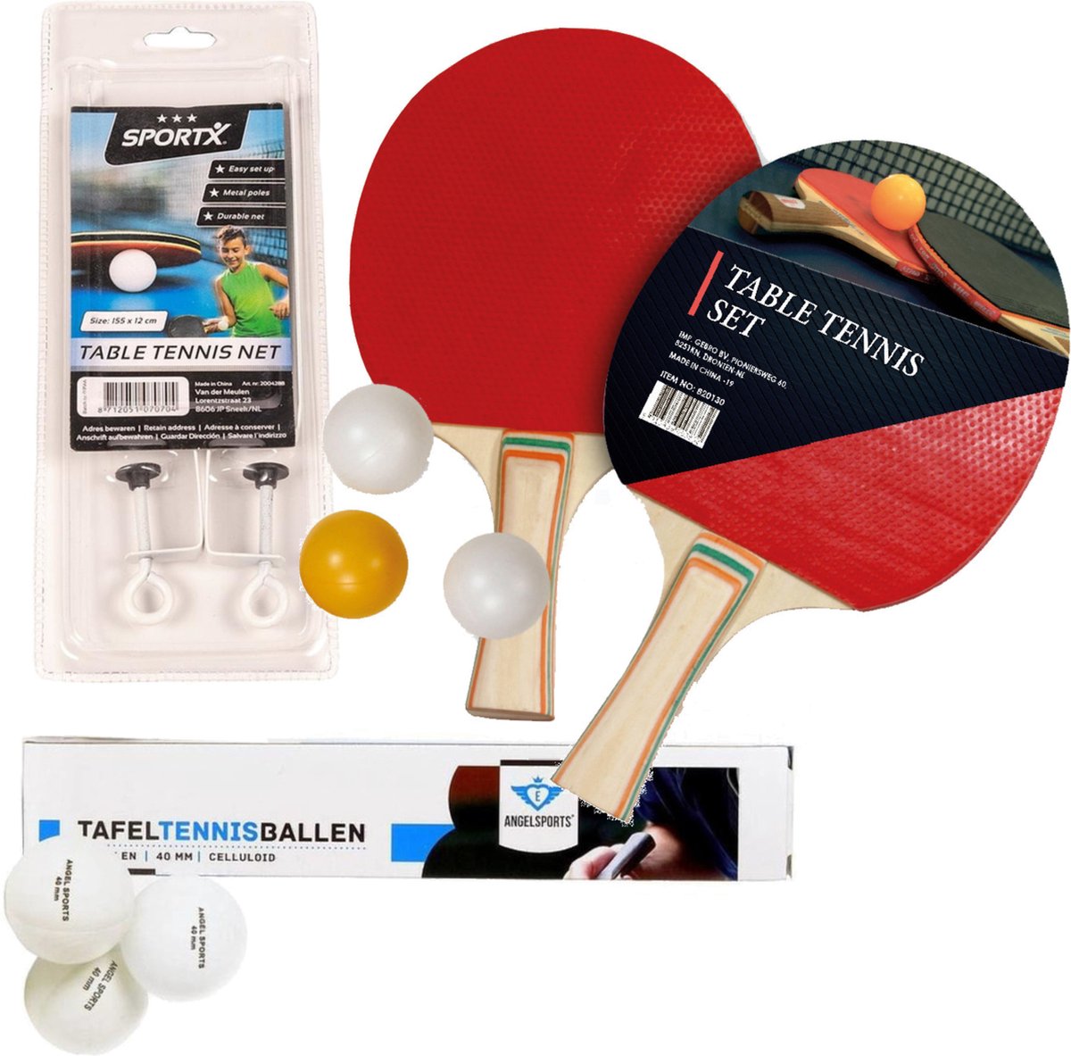 Gebro Tafeltennis of ping pong spelen setje - 2x batjes en 9x tafeltennisballetjes - en een tafel netje