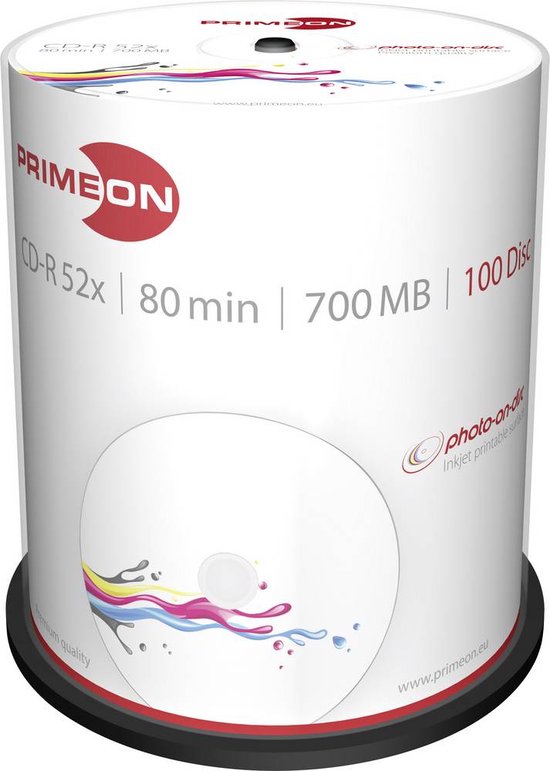 Primeon CD-R 700 MB Inkjet Printable 100 stuks - Primeon
