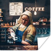 Poster Melkmeisje - Barista - Cappuccino - Vermeer - Koffie - Kunst _ Schilderij - 50x50 cm
