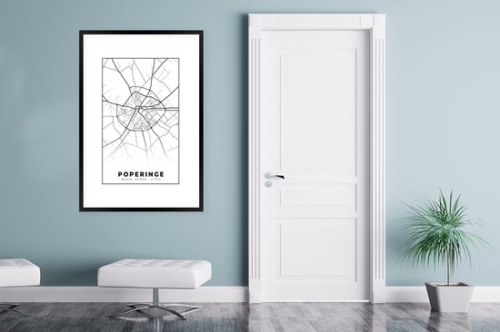 Fotolijst incl. Poster Zwart Wit- België – Poperinge – Stadskaart – Kaart – Zwart Wit – Plattegrond - 80x120 cm - Posterlijst