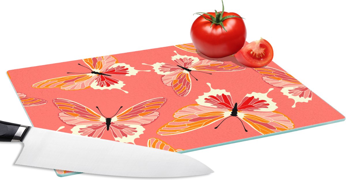 Glazen Snijplank - 28x20 - Vlinders - Patronen - Roze - Snijplanken Glas