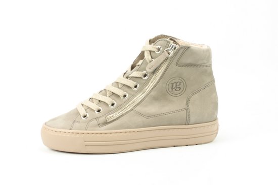 Grijze hoge sneaker van Paul Green met rits en veters. Logo op zijkant.