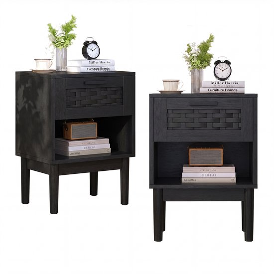 Set van 2 Nachtkastjes – Rotan Look Nachtkastje met Opbergruimte, Zwart – Bijzetkastje voor Slaapkamer & Woonkamer, L40 x H55 cm