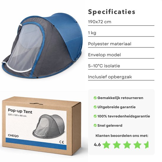 Cheqo® Pop Up Tent - Pop Up Tent 1 Persoons - Festival Tent - Kampeertent - Camping Tent - Lichtgewicht Tent - Blauwe Pop Up Tent van Cheqo — afbeelding 5
