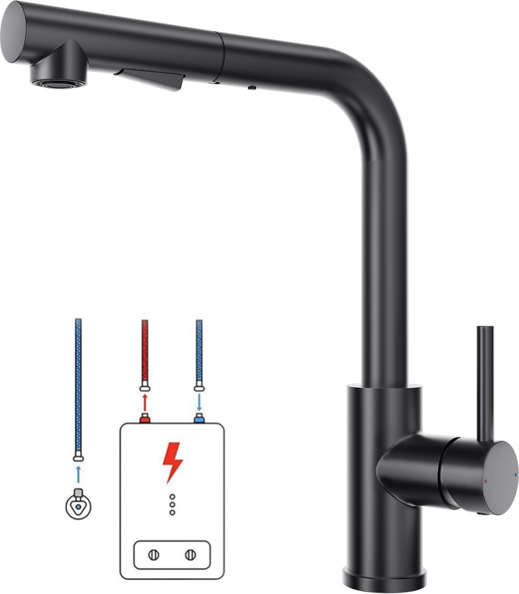 Lonheo max Keukenkraan met Uittrekbare Uitloop - Lagedruk-armatuur - Handdouche - Mengkraan - 2 straalsoorten - Flexibele Slang - Zwart - keuken kraan met 3 aansluitingen