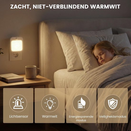 LED Nachtlampjes - Stopcontactlampjes - Veilig Navigeren - Met Bewegingssensor - 6.7 x 6 x 6 cm - Warm Wit — afbeelding 2