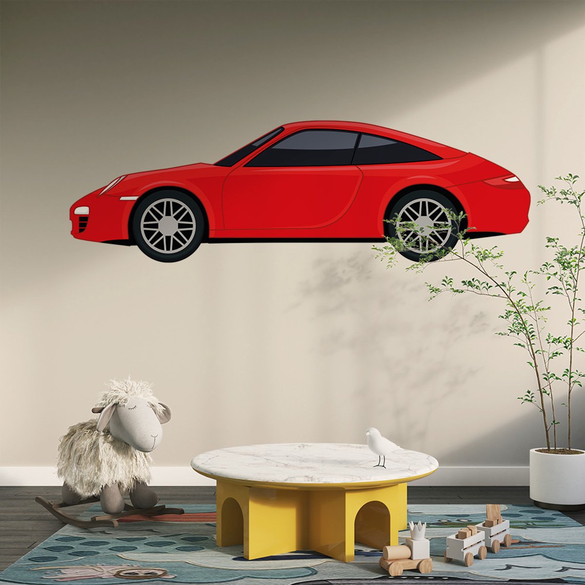 Muursticker Sportwagen rood - 120 x 37 cm - baby en kinderkamer - voertuig baby en kinderk