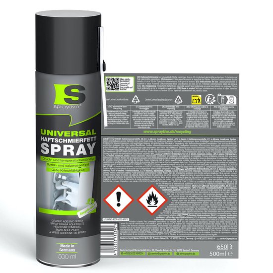 Achterkant van Spraytive universele hechtsmeervet spray 500ml bus met productinformatie en waarschuwingssymbolen.