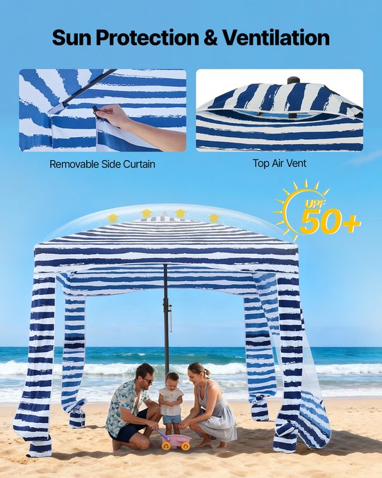 VEVOR Strandcabana, 183x183cm Strandluifel met Zijpaneel, UPF 50+ Zonbescherming, Strandpaviljoen met Zandzakken, Marineblauwe Strepen van Vevor — afbeelding 4